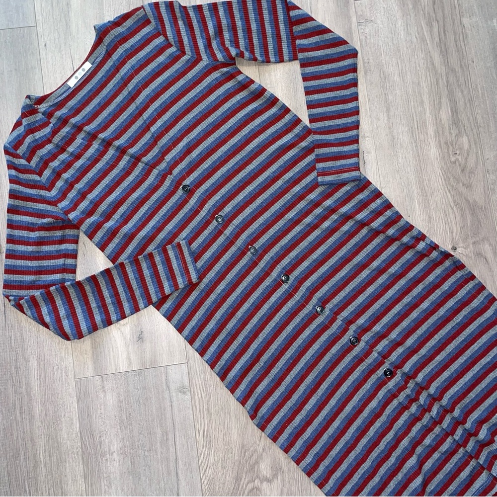 Three Dots Striped V-Neck Midi Dress Size Small
